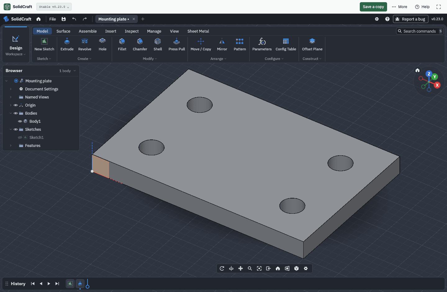 SolidCraft v0.23.0 mit Montageplatte und Feature-Historie im englischen Browsereditor