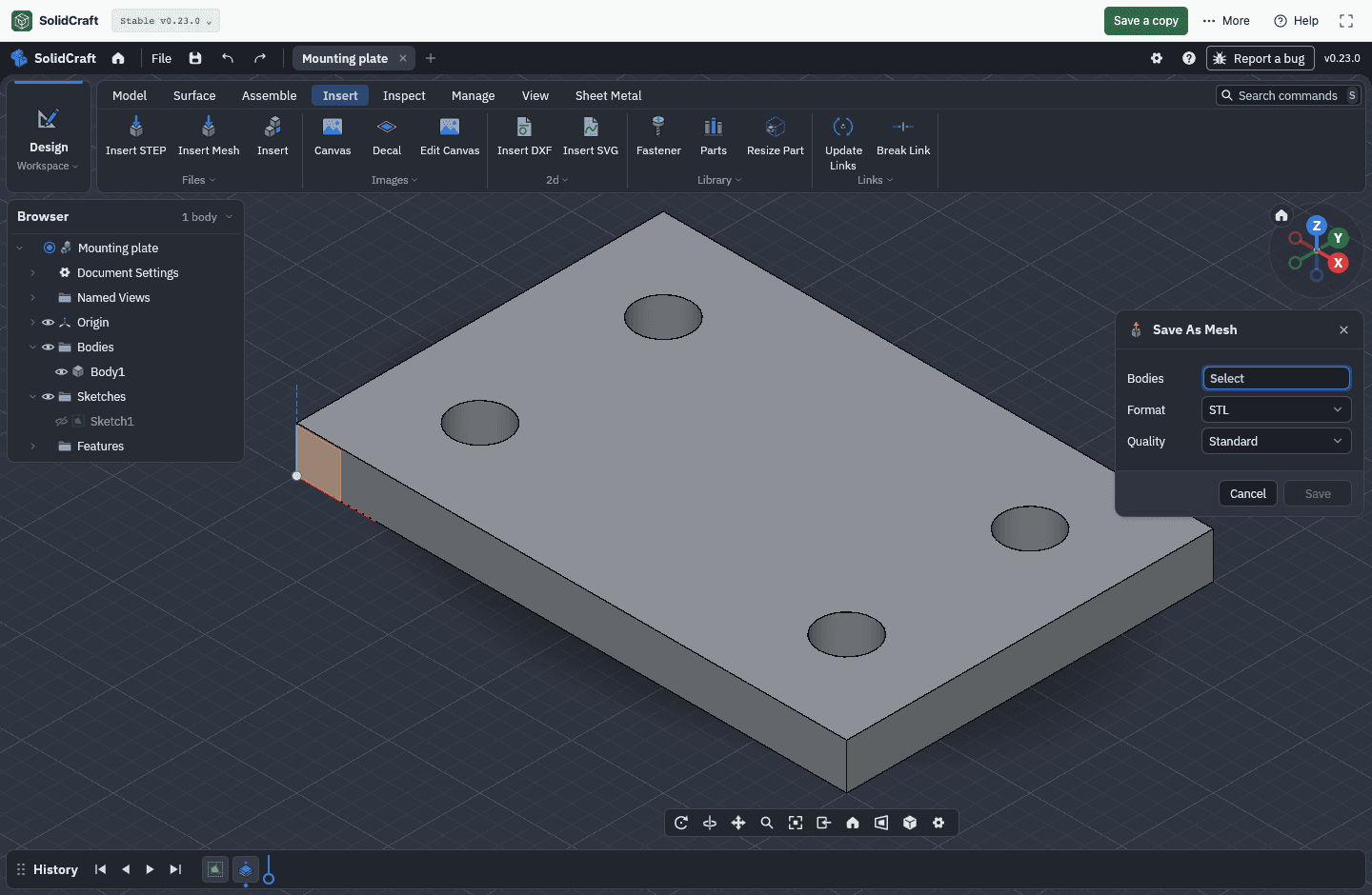 The real Save As Mesh dialog in SolidCraft v0.23.0 with the mounting plate open
