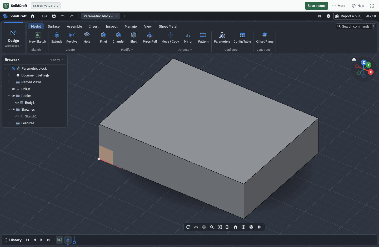 The original 40 by 30 by 10 mm solid block with a sketch and extrusion in the SolidCraft timeline