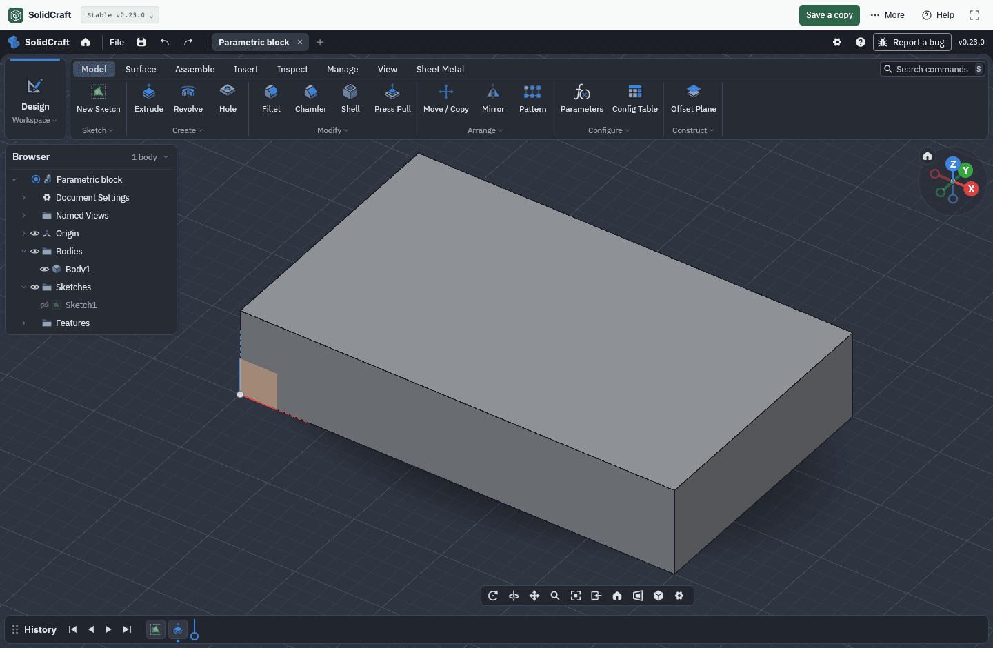 The downloaded 50 mm native block reopened in SolidCraft with its editable construction history