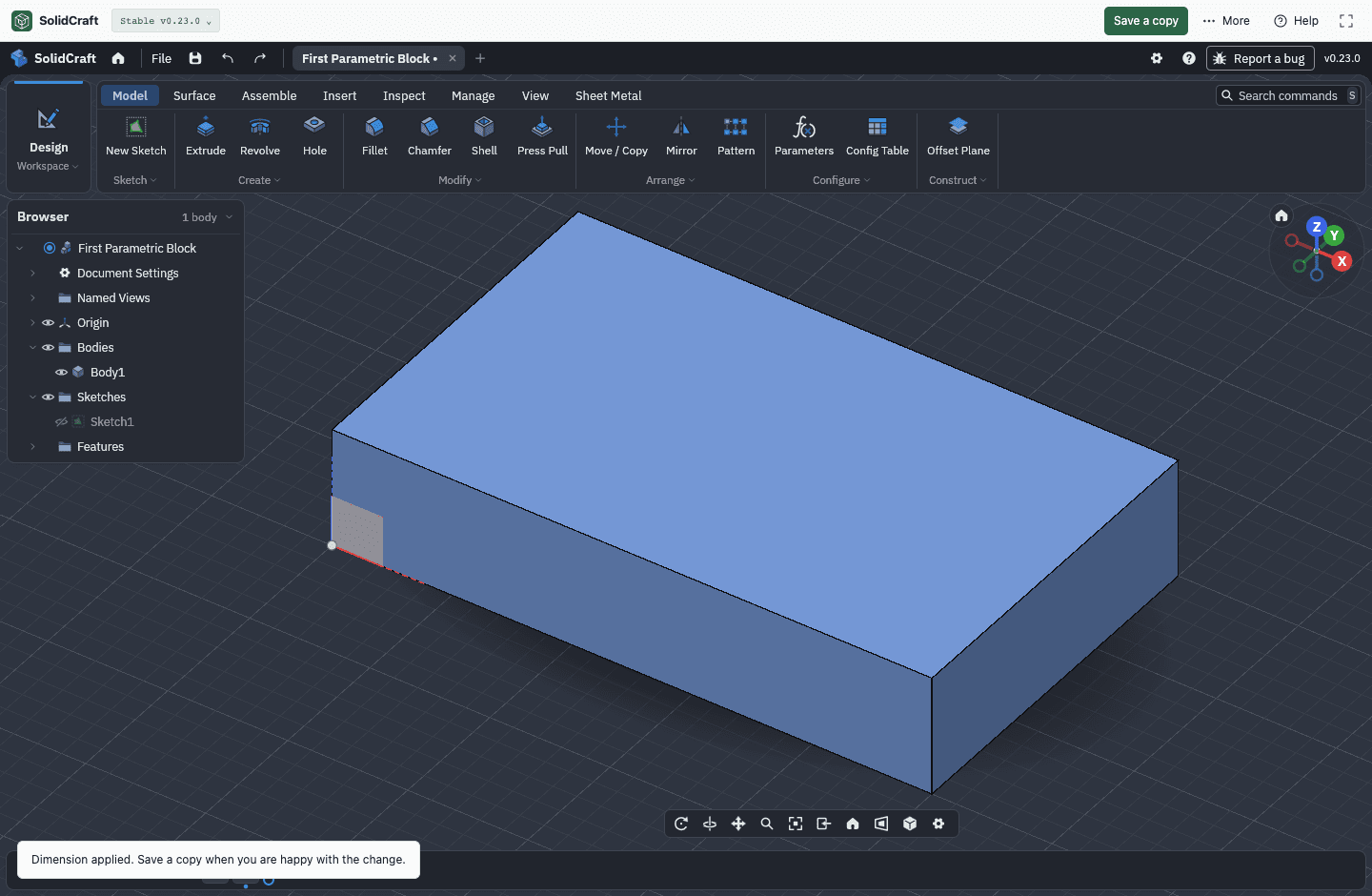 SolidCraft v0.23.0 z prostopadłościanem 50 × 30 × 10 mm oraz szkicem i wyciągnięciem w drzewie modelu