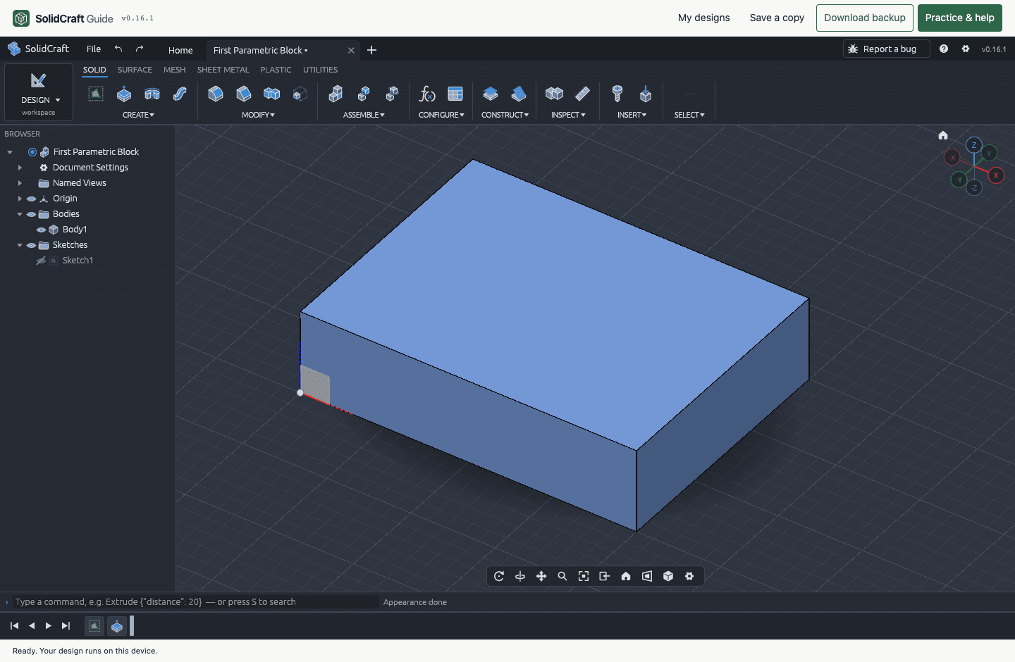 Ursprünglicher parametrischer Quader mit 40 mal 30 mal 10 Millimetern im SolidCraft-CAD-Editor
