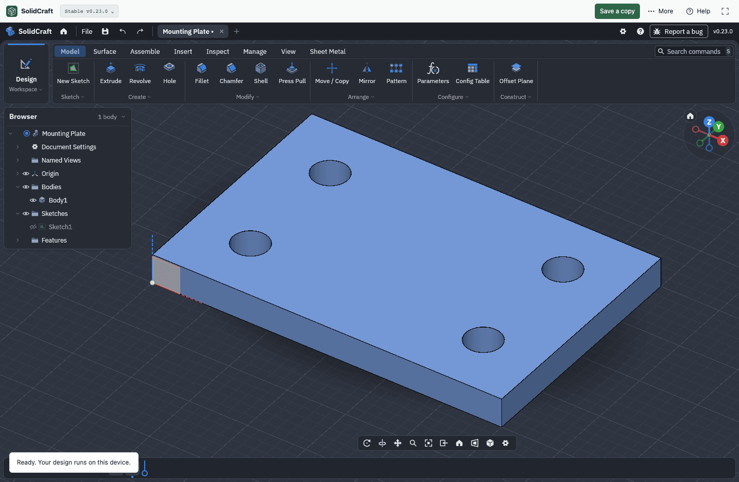 Edytor CAD SolidCraft v0.23.0 z płytką z czterema otworami: rzeczywisty zrzut
