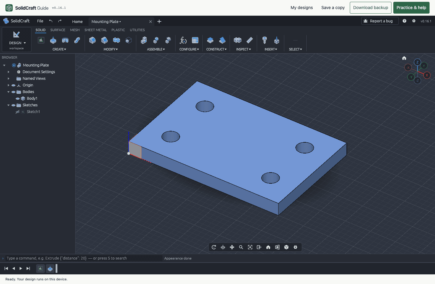 SolidCraft v0.16.1: Online-CAD-Editor mit der geprüften Montageplatte mit vier Bohrungen