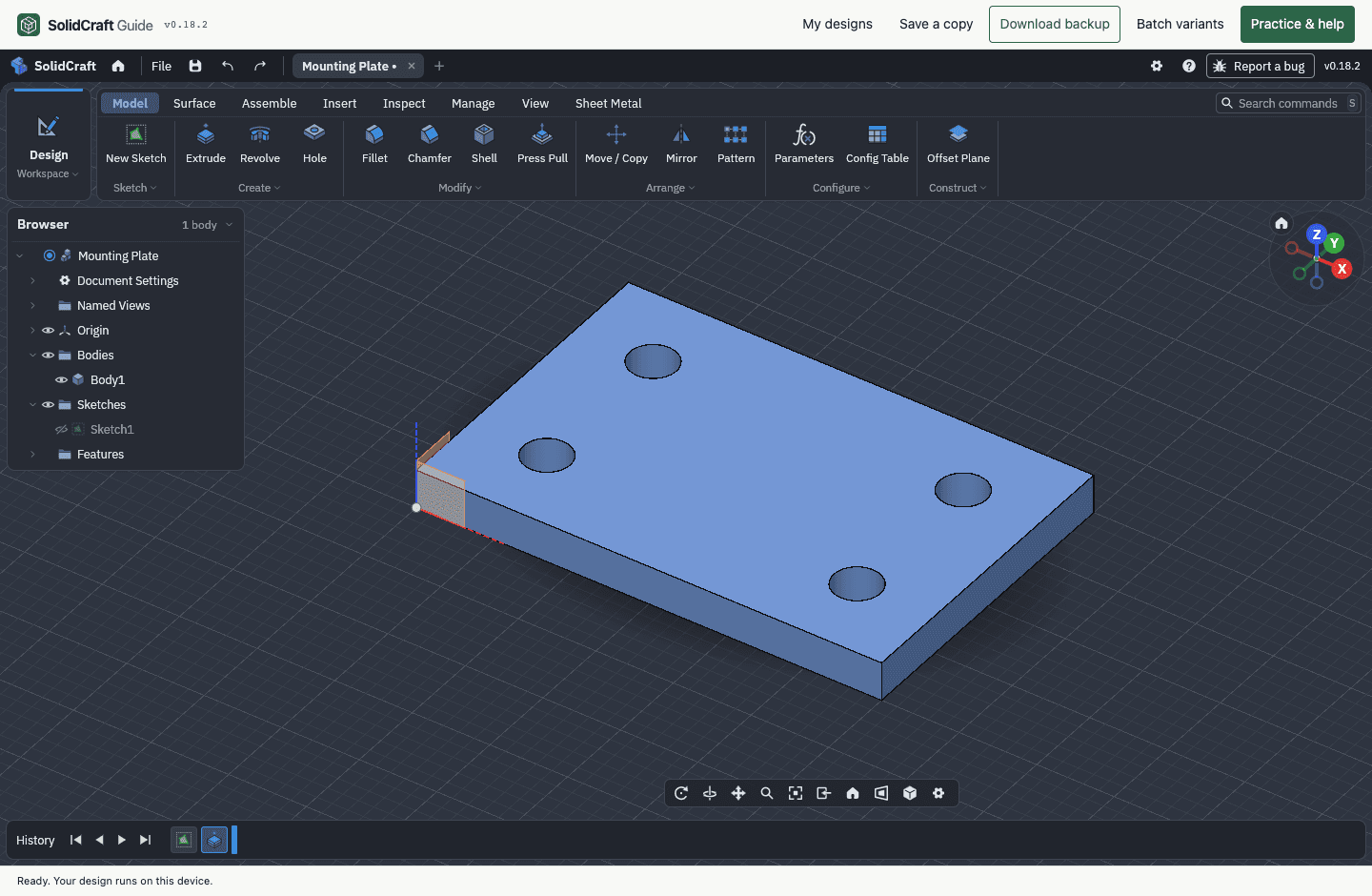 Editor CAD online SolidCraft v0.18.2 con la piastra verificata a quattro fori