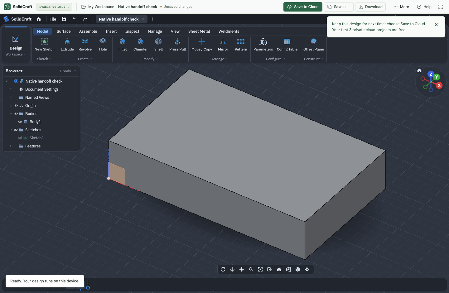 새 브라우저 프로필에서 50×30×10 mm 원본 블록을 다시 연 SolidCraft v0.25.1